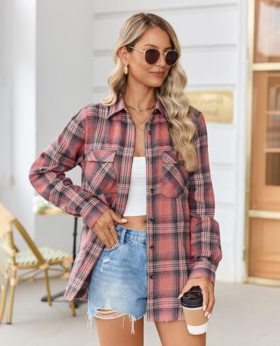 siliteelon Flannel Shirt Women Plaid Shirts Button Down Long Sleeve Oversized Cotton Fitted Boyfriend Casual Blouse Tops in Saudi Arabia