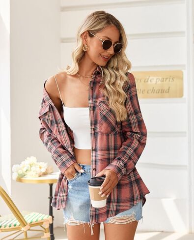 siliteelon Flannel Shirt Women Plaid Shirts Button Down Long Sleeve Oversized Cotton Fitted Boyfriend Casual Blouse Tops in Saudi Arabia