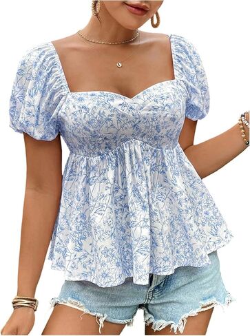 Floerns Women's Floral Short Puff Sleeve Flare Peplum Tops Sweetheart Neck Boho Blouses in Saudi Arabia