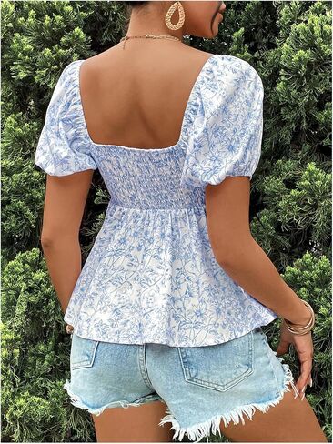Floerns Women's Floral Short Puff Sleeve Flare Peplum Tops Sweetheart Neck Boho Blouses in Saudi Arabia