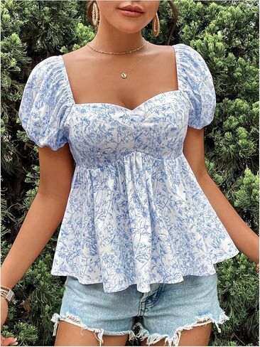 Floerns Women's Floral Short Puff Sleeve Flare Peplum Tops Sweetheart Neck Boho Blouses in Saudi Arabia
