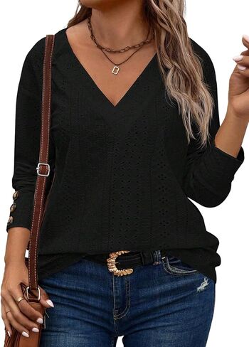 Eytino Plus Size Tops for Women Casual V Neck Long Sleeve Buttons Hollow Out Lace Embroidered Blouses Shirts(1X-5X) in Saudi Arabia