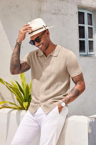 COOFANDY Mens Knit Polo Shirts Short Sleeve Button Down Shirts Casual Crochet Shirt Summer Vintage Polo in Saudi Arabia