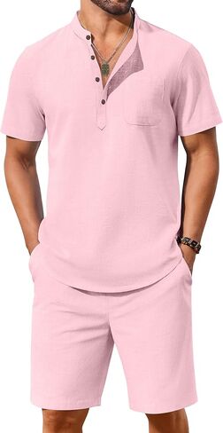 Coofandy Men's 2 قطعة من الكتان القطنية مجموعات شاطئ الصيف ملابس غير رسمية قصيرة الأكمام القمصان Henley وسروال العطلات in Saudi Arabia