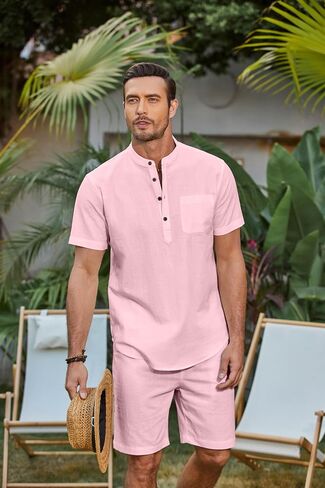 Coofandy Men's 2 قطعة من الكتان القطنية مجموعات شاطئ الصيف ملابس غير رسمية قصيرة الأكمام القمصان Henley وسروال العطلات in Saudi Arabia