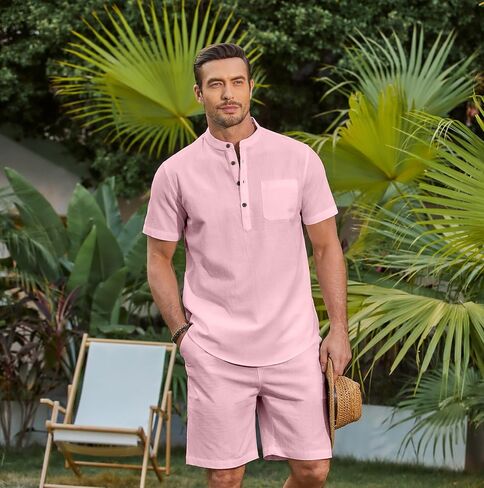 Coofandy Men's 2 قطعة من الكتان القطنية مجموعات شاطئ الصيف ملابس غير رسمية قصيرة الأكمام القمصان Henley وسروال العطلات in Saudi Arabia
