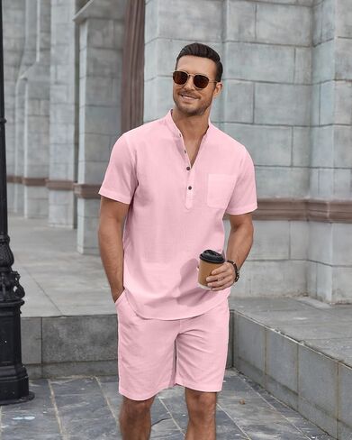 Coofandy Men's 2 قطعة من الكتان القطنية مجموعات شاطئ الصيف ملابس غير رسمية قصيرة الأكمام القمصان Henley وسروال العطلات in Saudi Arabia