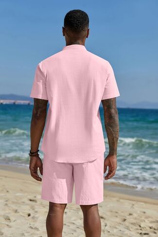 Coofandy Men's 2 قطعة من الكتان القطنية مجموعات شاطئ الصيف ملابس غير رسمية قصيرة الأكمام القمصان Henley وسروال العطلات in Saudi Arabia