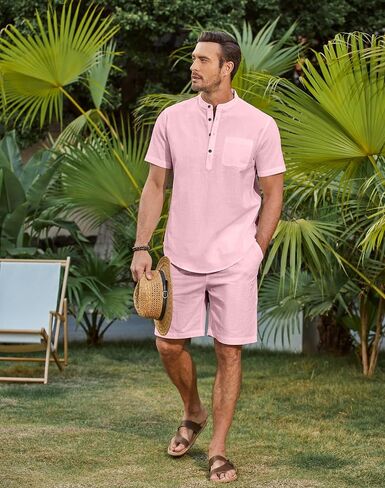 Coofandy Men's 2 قطعة من الكتان القطنية مجموعات شاطئ الصيف ملابس غير رسمية قصيرة الأكمام القمصان Henley وسروال العطلات in Saudi Arabia