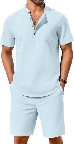 COOFANDY Men's 2 Piece Cotton Linen Sets Summer Beach Outfits Casual Short Sleeve Henley Shirts and Vacation Shorts in Saudi Arabia
