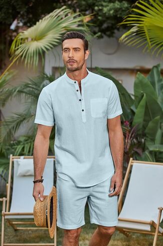 COOFANDY Men's 2 Piece Cotton Linen Sets Summer Beach Outfits Casual Short Sleeve Henley Shirts and Vacation Shorts in Saudi Arabia