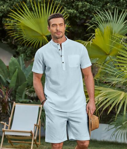 COOFANDY Men's 2 Piece Cotton Linen Sets Summer Beach Outfits Casual Short Sleeve Henley Shirts and Vacation Shorts in Saudi Arabia