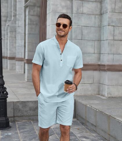 COOFANDY Men's 2 Piece Cotton Linen Sets Summer Beach Outfits Casual Short Sleeve Henley Shirts and Vacation Shorts in Saudi Arabia