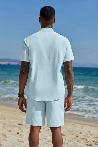 COOFANDY Men's 2 Piece Cotton Linen Sets Summer Beach Outfits Casual Short Sleeve Henley Shirts and Vacation Shorts in Saudi Arabia
