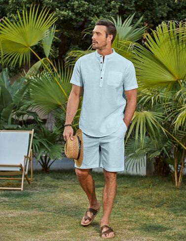 COOFANDY Men's 2 Piece Cotton Linen Sets Summer Beach Outfits Casual Short Sleeve Henley Shirts and Vacation Shorts in Saudi Arabia