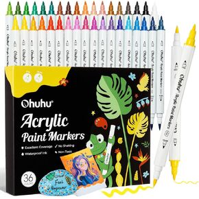 Ohuhu Acrylic Paint Markers Cotton-core: 36 Colors Dual Tips (Brush & Dot) Paint Pens High Opacity Acrylic Markers Waterproof Lightfast for Rock Painting Easter Eggs Wood Glass Ceramic Canvas in Kuwait