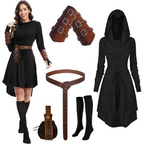 Renaissance Costume Women Hooded Robe Lace Up Dress Halloween Vintage Medieval Cloak in Kuwait