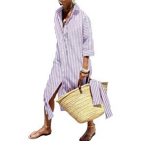 Womens Shirt Dresses Striped Lapel 3/4 Sleeve Maxi Dress Button Down Split Belted in Kuwait