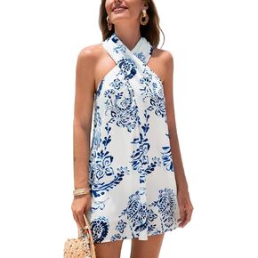 CUPSHE Women's Paisley Mini Dresses Sleeveless Summer Criss Cross Halter Short Beach Cover Up Dress in Saudi Arabia