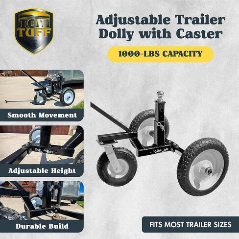 Tow Tuff Trailer Dolly W/ 12 "إطارات خالية من المسطحة وعجلة Caster Caster ، 800 رطل ، أسود-16.5" إلى 25.5 "ارتفاع قابل للتعديل ، بناء الفولاذ ، اللمسات النهائية للمسحوق ، يناسب 1 7/8" مقرن in Kuwait