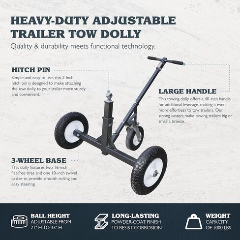 Tow Tuff Trailer Dolly W/ 12 "إطارات خالية من المسطحة وعجلة Caster Caster ، 800 رطل ، أسود-16.5" إلى 25.5 "ارتفاع قابل للتعديل ، بناء الفولاذ ، اللمسات النهائية للمسحوق ، يناسب 1 7/8" مقرن in Kuwait