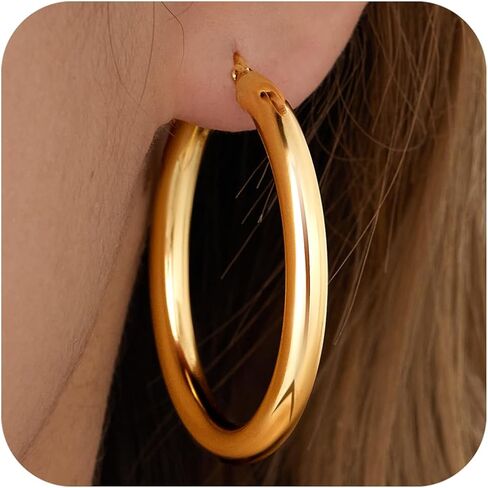 5 MM Wide Thick Chunky Gold Hoop Earrings for Women Trendy, Hypoallergenic Large Big Hoops with Sterling Silver Posts, Lightweight Hollow Tube Real Gold Hoop Jewelry 30/40/50/60/70 MM in Kuwait