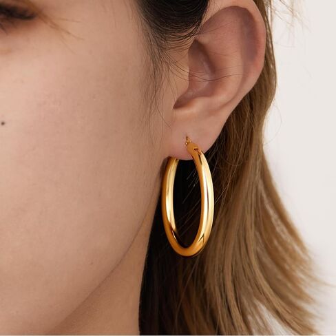 5 MM Wide Thick Chunky Gold Hoop Earrings for Women Trendy, Hypoallergenic Large Big Hoops with Sterling Silver Posts, Lightweight Hollow Tube Real Gold Hoop Jewelry 30/40/50/60/70 MM in Kuwait