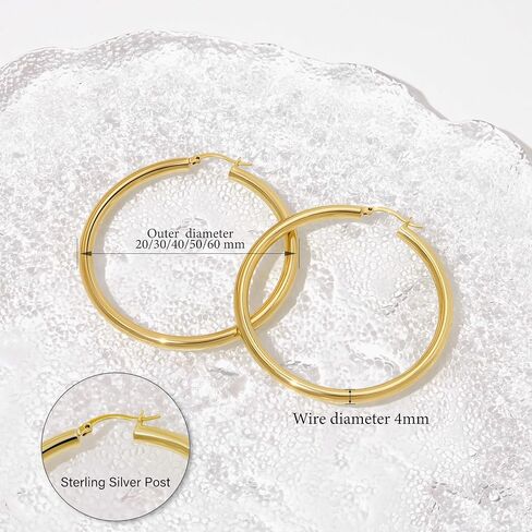 5 MM Wide Thick Chunky Gold Hoop Earrings for Women Trendy, Hypoallergenic Large Big Hoops with Sterling Silver Posts, Lightweight Hollow Tube Real Gold Hoop Jewelry 30/40/50/60/70 MM in Kuwait