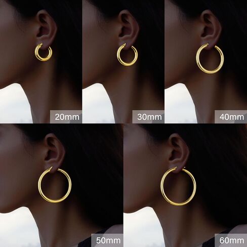 5 MM Wide Thick Chunky Gold Hoop Earrings for Women Trendy, Hypoallergenic Large Big Hoops with Sterling Silver Posts, Lightweight Hollow Tube Real Gold Hoop Jewelry 30/40/50/60/70 MM in Kuwait
