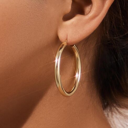 5 MM Wide Thick Chunky Gold Hoop Earrings for Women Trendy, Hypoallergenic Large Big Hoops with Sterling Silver Posts, Lightweight Hollow Tube Real Gold Hoop Jewelry 30/40/50/60/70 MM in Kuwait