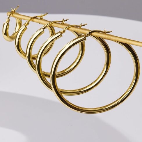 5 MM Wide Thick Chunky Gold Hoop Earrings for Women Trendy, Hypoallergenic Large Big Hoops with Sterling Silver Posts, Lightweight Hollow Tube Real Gold Hoop Jewelry 30/40/50/60/70 MM in Kuwait