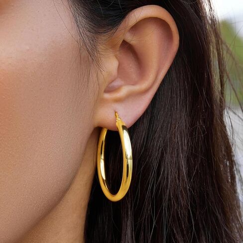 5 MM Wide Thick Chunky Gold Hoop Earrings for Women Trendy, Hypoallergenic Large Big Hoops with Sterling Silver Posts, Lightweight Hollow Tube Real Gold Hoop Jewelry 30/40/50/60/70 MM in Kuwait