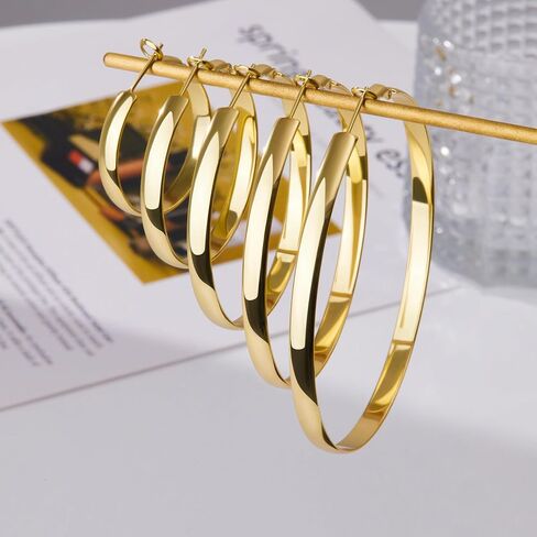 5 MM Wide Thick Chunky Gold Hoop Earrings for Women Trendy, Hypoallergenic Large Big Hoops with Sterling Silver Posts, Lightweight Hollow Tube Real Gold Hoop Jewelry 30/40/50/60/70 MM in Kuwait