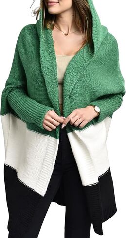 Women's Oversized Hooded Cardigan Color Block Open Front Sweater Chunky Knit Long Coatigan Coat in Kuwait