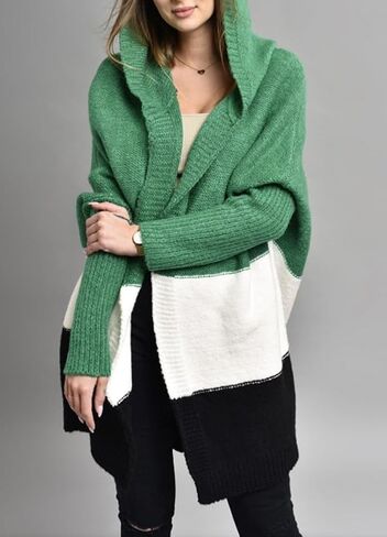 Women's Oversized Hooded Cardigan Color Block Open Front Sweater Chunky Knit Long Coatigan Coat in Kuwait