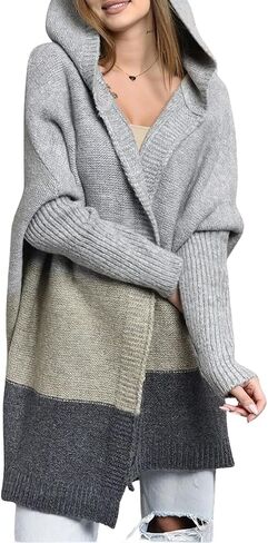 Women's Oversized Hooded Cardigan Color Block Open Front Sweater Chunky Knit Long Coatigan Coat in Kuwait