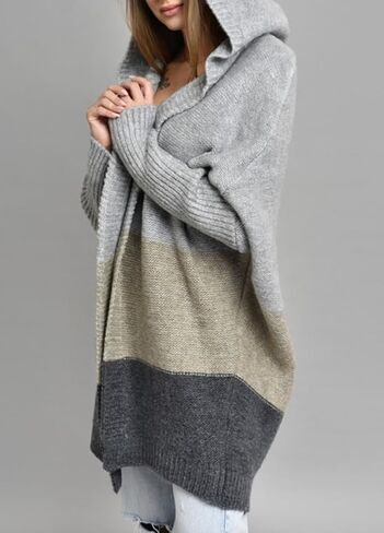 Women's Oversized Hooded Cardigan Color Block Open Front Sweater Chunky Knit Long Coatigan Coat in Kuwait