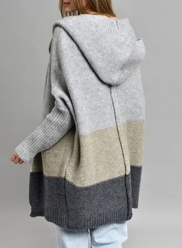 Women's Oversized Hooded Cardigan Color Block Open Front Sweater Chunky Knit Long Coatigan Coat in Kuwait