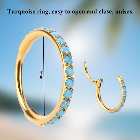 Turquoise Nose Rings Hoops, 7mm Nose Piercing Jewelry Hinged Septum Ring for Women Men Gift, Safe & Comfortable to Wear (Gold) in Saudi Arabia
