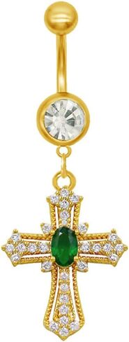 14G GREEN CRYSTAL CROSS DANGLE BELLY BELTY RING 18K GOLD مطلي بالفولاذ المقاوم للصدأ مكعب الزركونيا عبر حلقات السرة بطن جسم الحديد منحنى للمجوهرات للنساء in Saudi Arabia