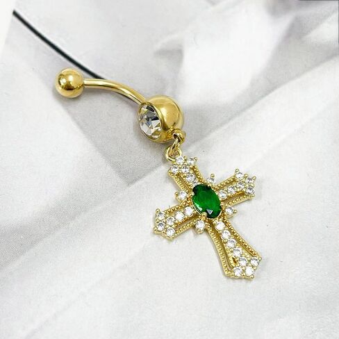 14G GREEN CRYSTAL CROSS DANGLE BELLY BELTY RING 18K GOLD مطلي بالفولاذ المقاوم للصدأ مكعب الزركونيا عبر حلقات السرة بطن جسم الحديد منحنى للمجوهرات للنساء in Saudi Arabia