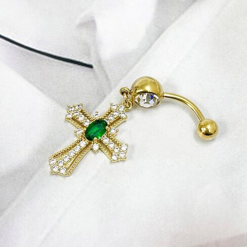 14G GREEN CRYSTAL CROSS DANGLE BELLY BELTY RING 18K GOLD مطلي بالفولاذ المقاوم للصدأ مكعب الزركونيا عبر حلقات السرة بطن جسم الحديد منحنى للمجوهرات للنساء in Saudi Arabia