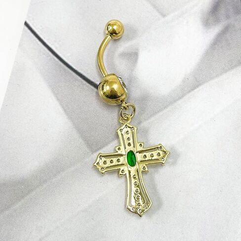 14G GREEN CRYSTAL CROSS DANGLE BELLY BELTY RING 18K GOLD مطلي بالفولاذ المقاوم للصدأ مكعب الزركونيا عبر حلقات السرة بطن جسم الحديد منحنى للمجوهرات للنساء in Saudi Arabia