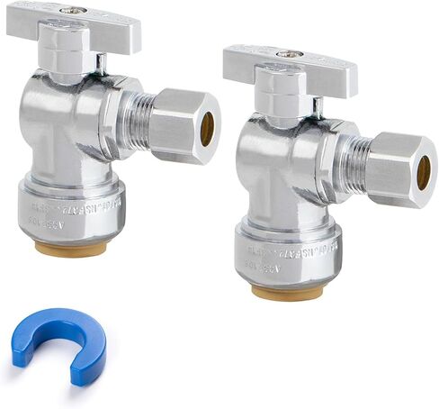 1/2" x 3/8" OD Compression Angle Stop Valve for PEX, Copper, CPVC Pipe and Water Line, Push to Connect Brass Plumbing Fitting, Quarter-Turn Toilet Shut Off Valve with Disconnect Clip (4 Pack) in Kuwait