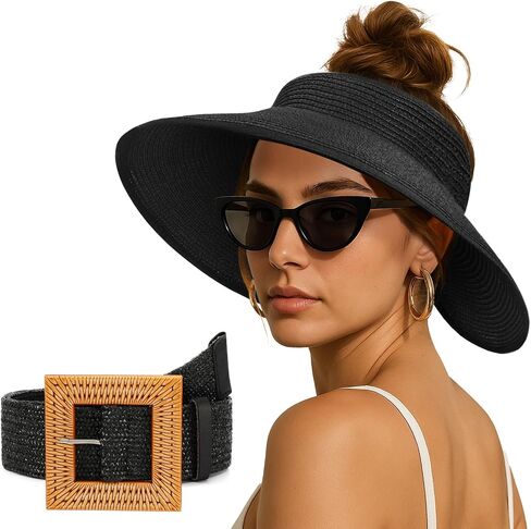 قبعات Jasgood Sun Visor للنساء على نطاق واسع قبعة شاطئية شاطئية مرنة الحزام الصيفي قبعة شمس قابلة للطي مع حزام القش in Saudi Arabia