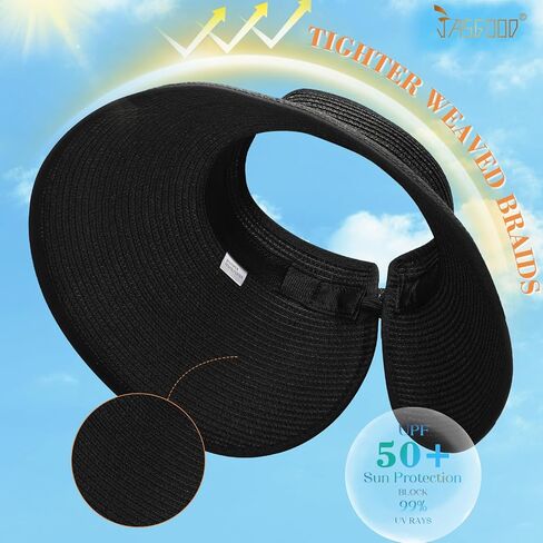 قبعات Jasgood Sun Visor للنساء على نطاق واسع قبعة شاطئية شاطئية مرنة الحزام الصيفي قبعة شمس قابلة للطي مع حزام القش in Saudi Arabia