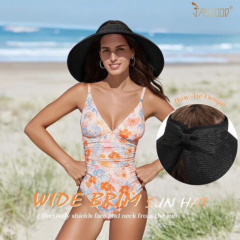 قبعات Jasgood Sun Visor للنساء على نطاق واسع قبعة شاطئية شاطئية مرنة الحزام الصيفي قبعة شمس قابلة للطي مع حزام القش in Saudi Arabia
