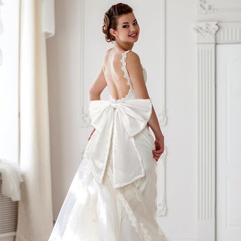 Janinka Big Satin Bow Train For Wedding Dress 16 '× 19' 'قابلة للإزالة قوس ساتان القوس مع اللؤلؤ in Saudi Arabia