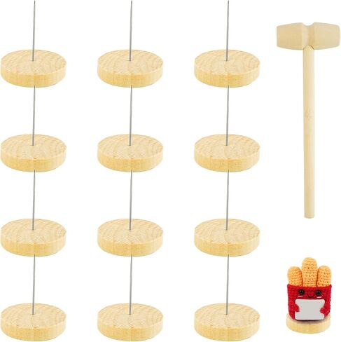 24 PCS Wooden Crochet Doll Stand, Single Double Needle Wooden Crochet Doll Display Stand With Fixing Hammer, Positive Crochet Doll Holder Stand With Wooden Base, Wooden Stands for Knitted Doll Display in Kuwait