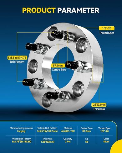 PHILTOP 5x5.5 to 5x4.75 Wheel Adapters,1.25" Lug Centric Wheel Adapters Change Bolts Pattern fit for for Ram 1500, Thread Pitch 1/2" x20 Hub Bore 87.2mm - 2Pcs in Saudi Arabia